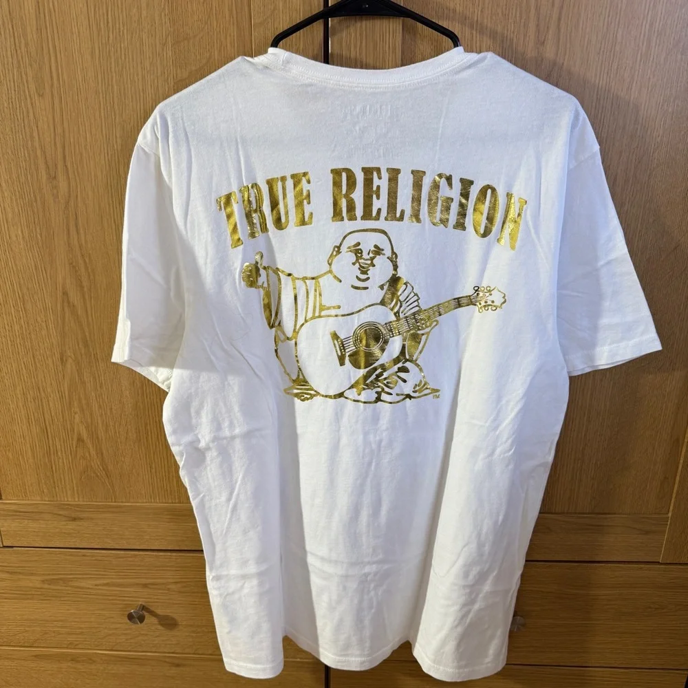 MEN'S TRUE RELIGION GOLD OUTLINE BUDDHA LOGO WHITE T-SHIRT BNWT RARE